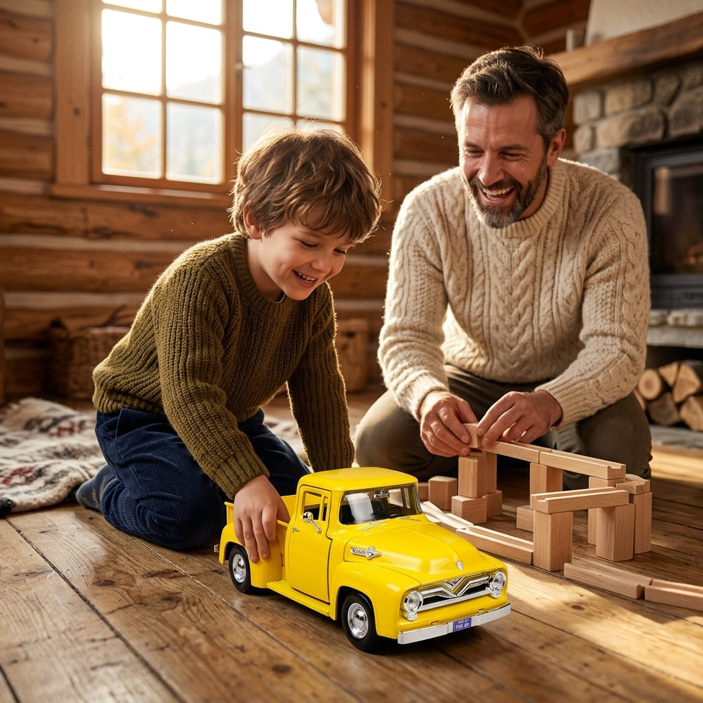 Metalni autić Ford F-100 pikap 1:24 dok se otac i sin igraju u vikendici