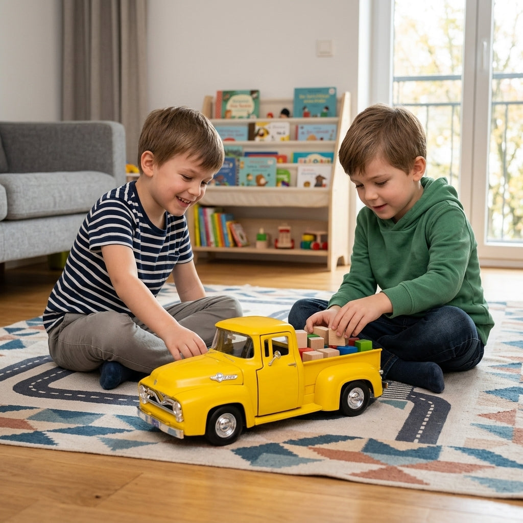 Metalni autić Ford F-100 pikap 1:24 na tepihu tokom igre dva dečaka