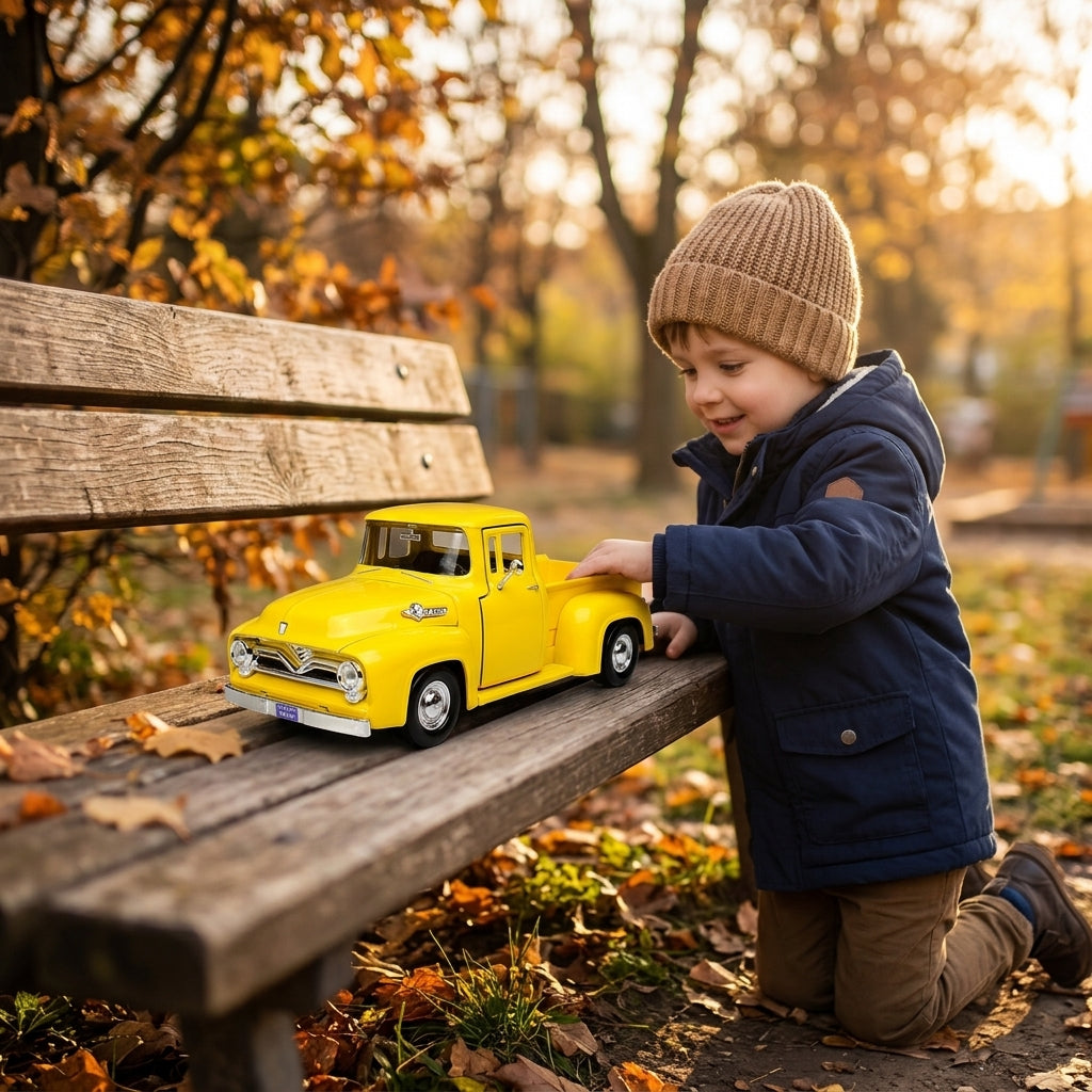 Metalni autić Ford F-100 pikap 1:24 na drvenoj klupi u dvorištu vrtića