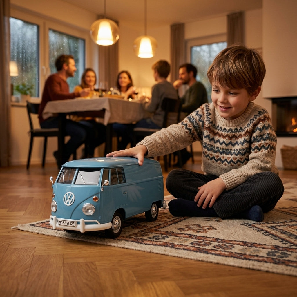 Metalni autić Volkswagen Type 2 dostavni kombi 1:24 na podu dok se dečak igra u gostima