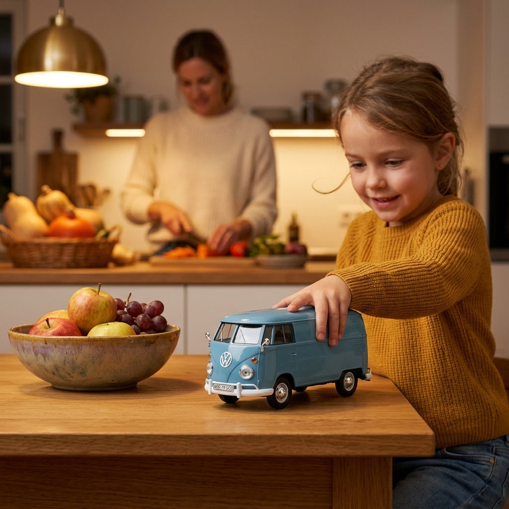Metalni autić Volkswagen Type 2 dostavni kombi 1:24 na drvenom kuhinjskom stolu