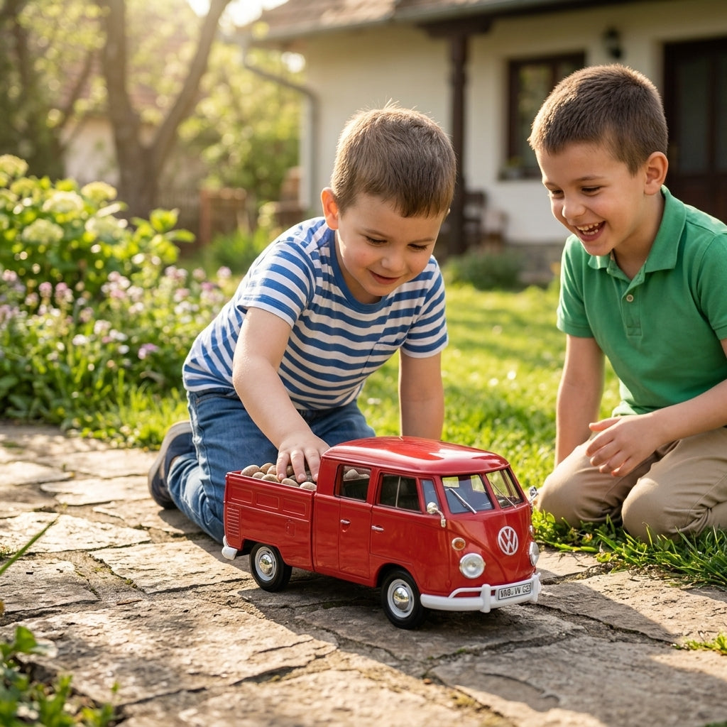 Metalni autić Volkswagen pikap u igri dva dečaka na popločanoj stazi u prolećnom dvorištu