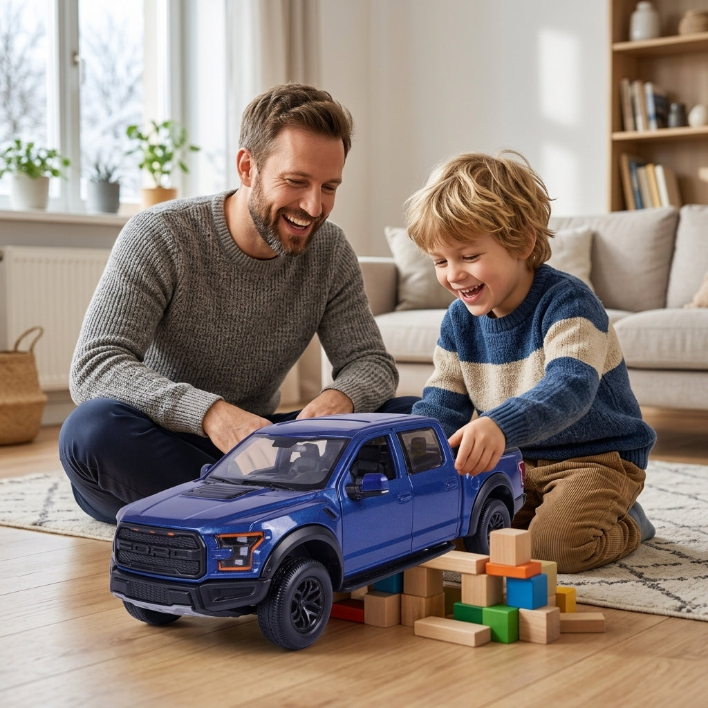 Metalni autić Ford Raptor plave boje tokom igre oca i dečaka na tepihu