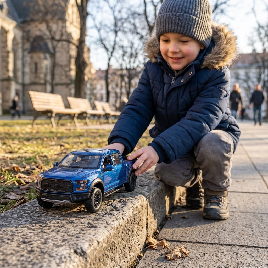 Metalni autić Ford Raptor na kamenoj stazi u gradskom parku