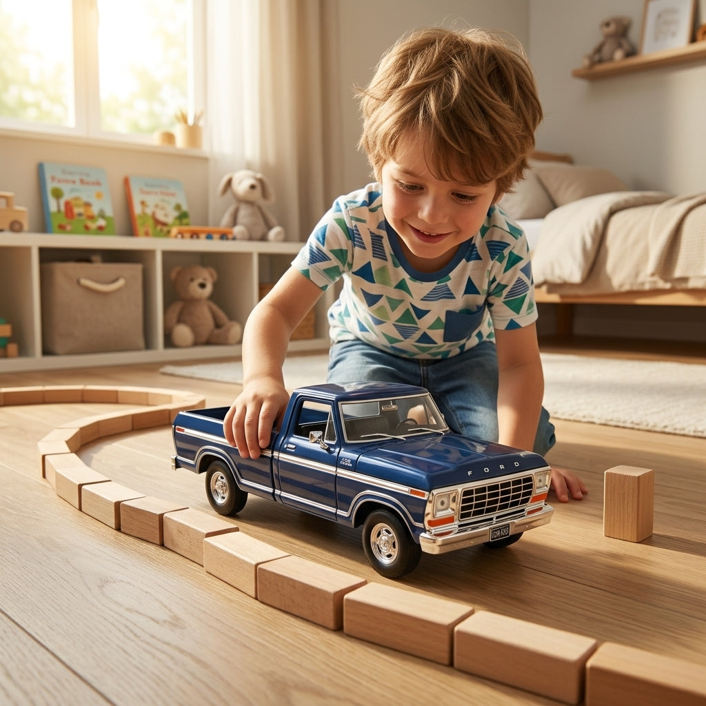 Metalni autić Ford F-150 1979 1:24 na podu dečije sobe obasjane jutarnjim suncem