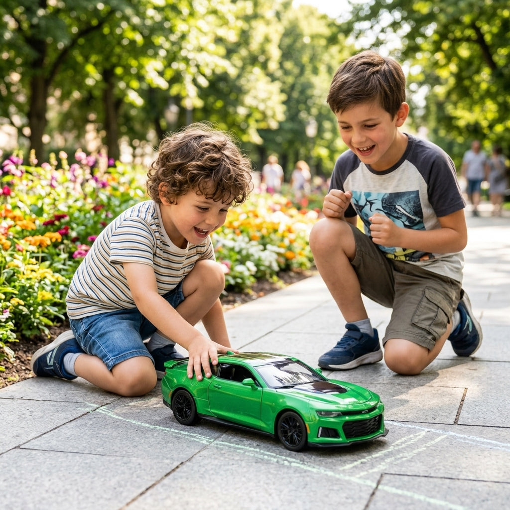 Metalni autić Chevrolet Camaro na stazi u parku dok se dečaci igraju