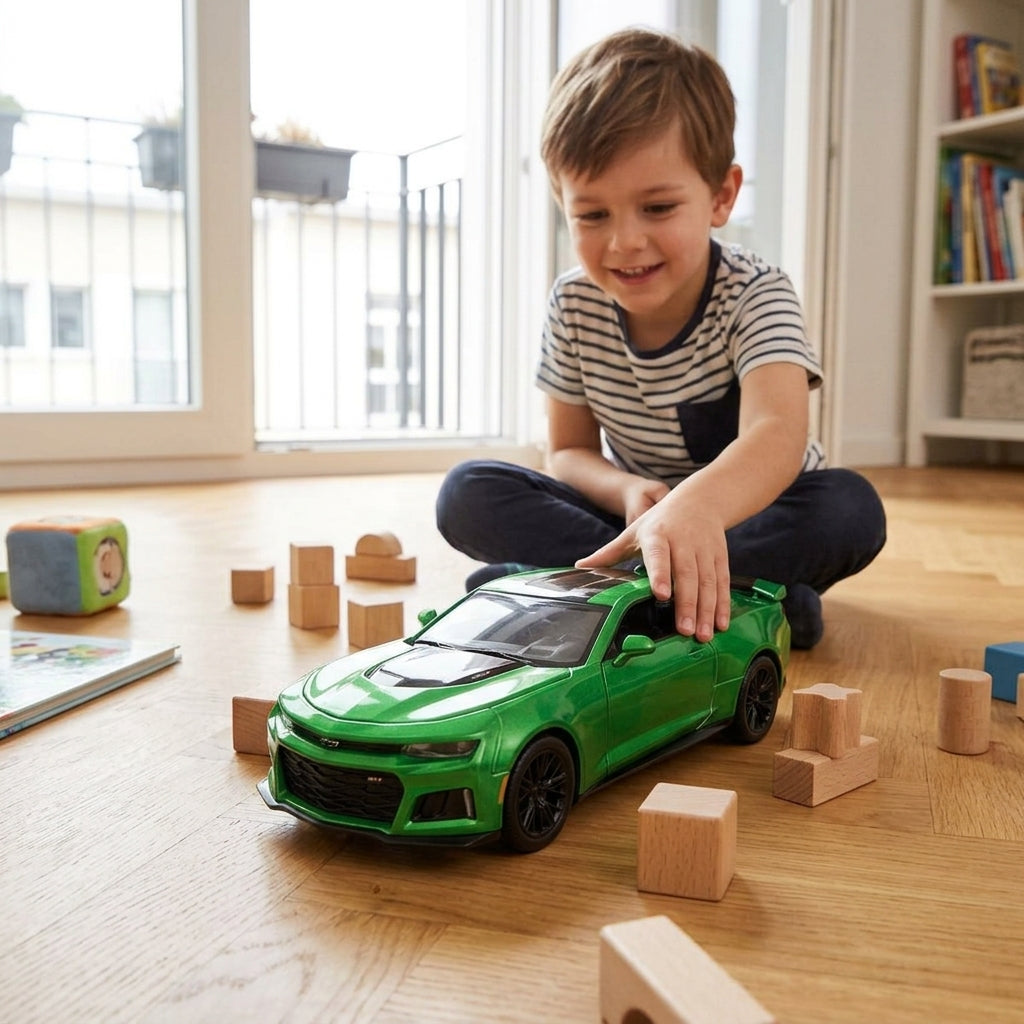 Metalni autić Chevrolet Camaro na parketu u dečijoj sobi