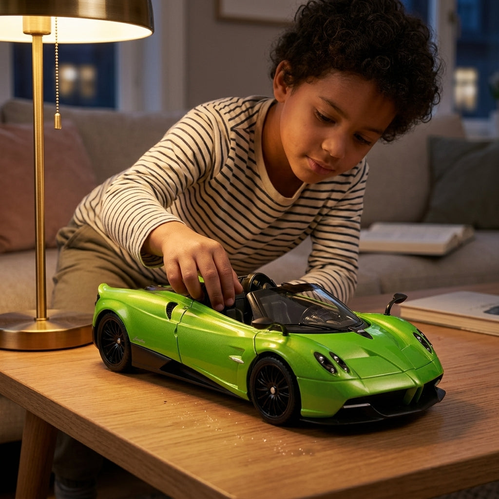 Metalni autić Pagani Huayra na stočiću u dnevnoj sobi pod toplim večernjim osvetljenjem
