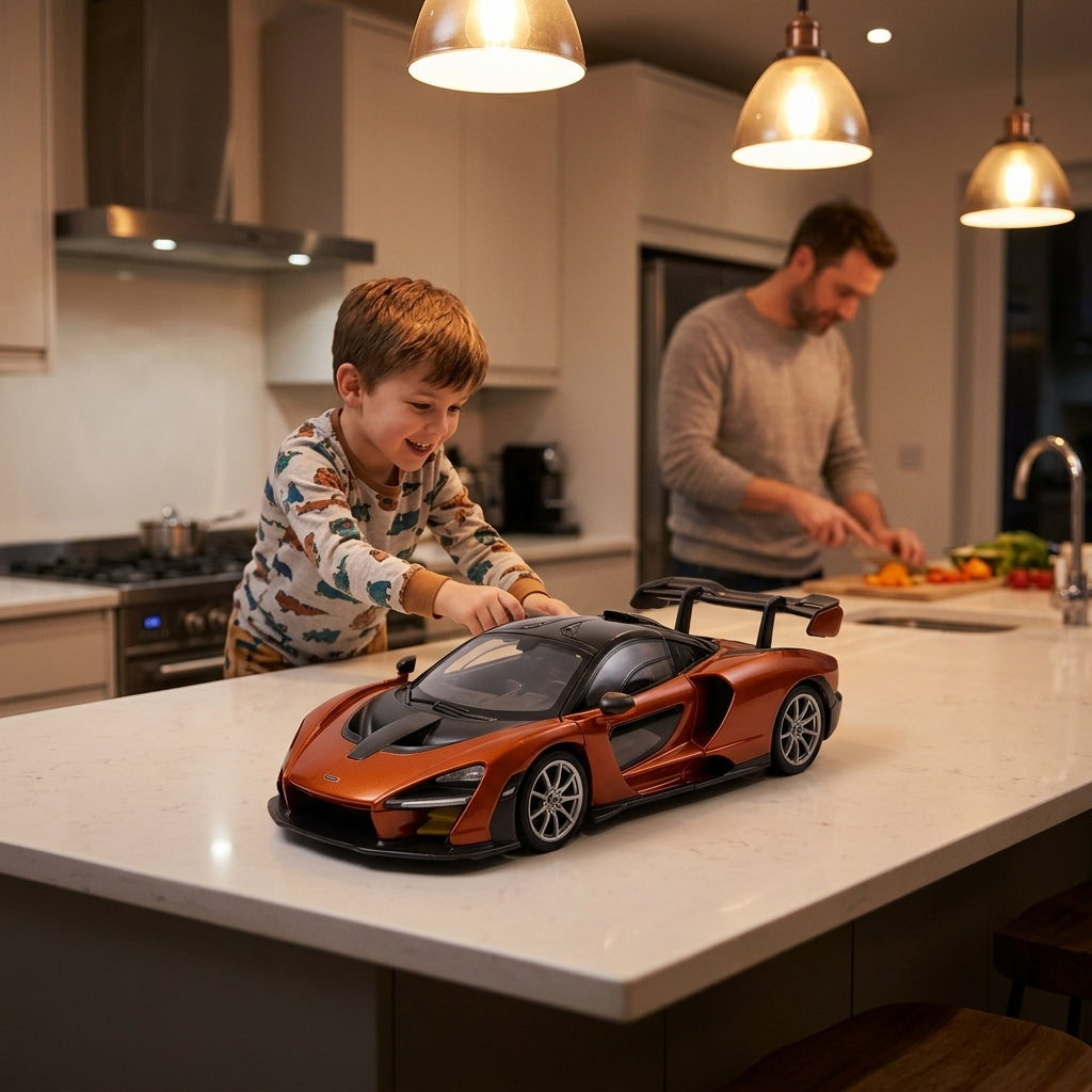 Metalni autić McLaren Senna 1:24 na kuhinjskom pultu pod toplim svetlom lampi