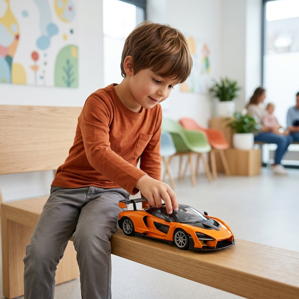 Metalni autić McLaren Senna 1:24 u ruci dečaka na klupi u čekaonici