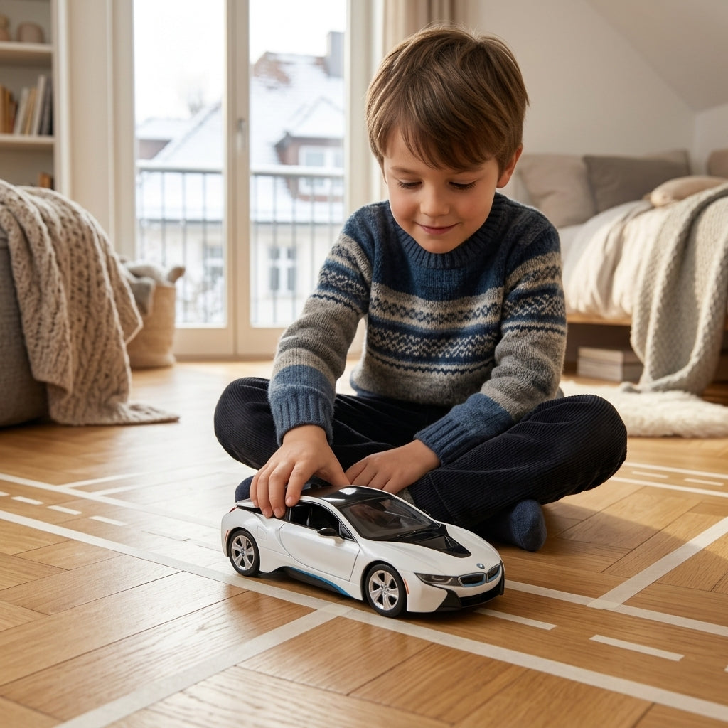 Metalni autić BMW 24 cm na parketu dečje sobe u toku igre