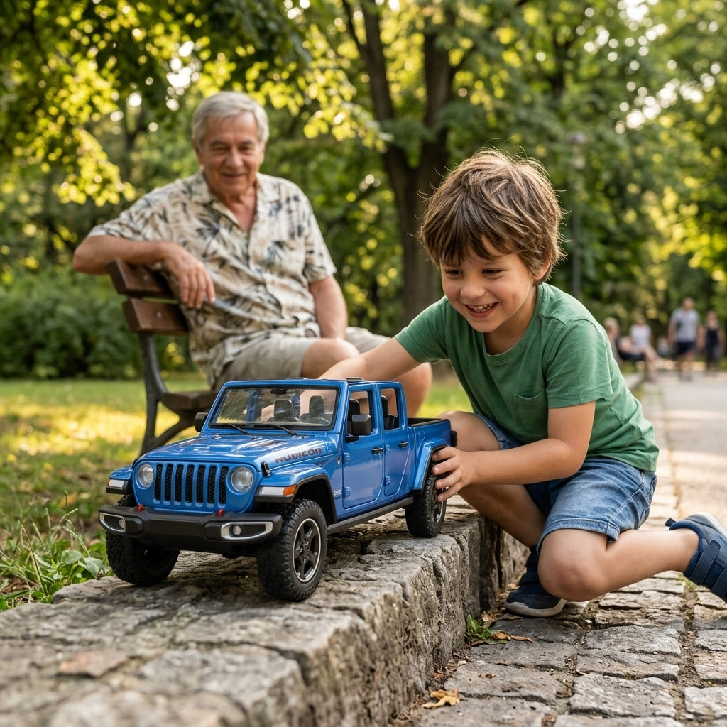 Metalni autić Jeep Gladiator Rubicon u igri dečaka u parku dok deda posmatra sa klupe