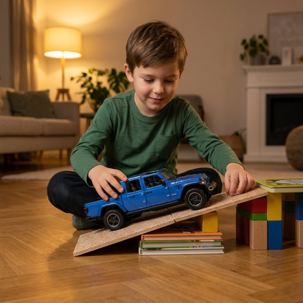 Metalni autić Jeep Gladiator Rubicon prelazi improvizovanu rampu na parketu dnevne sobe