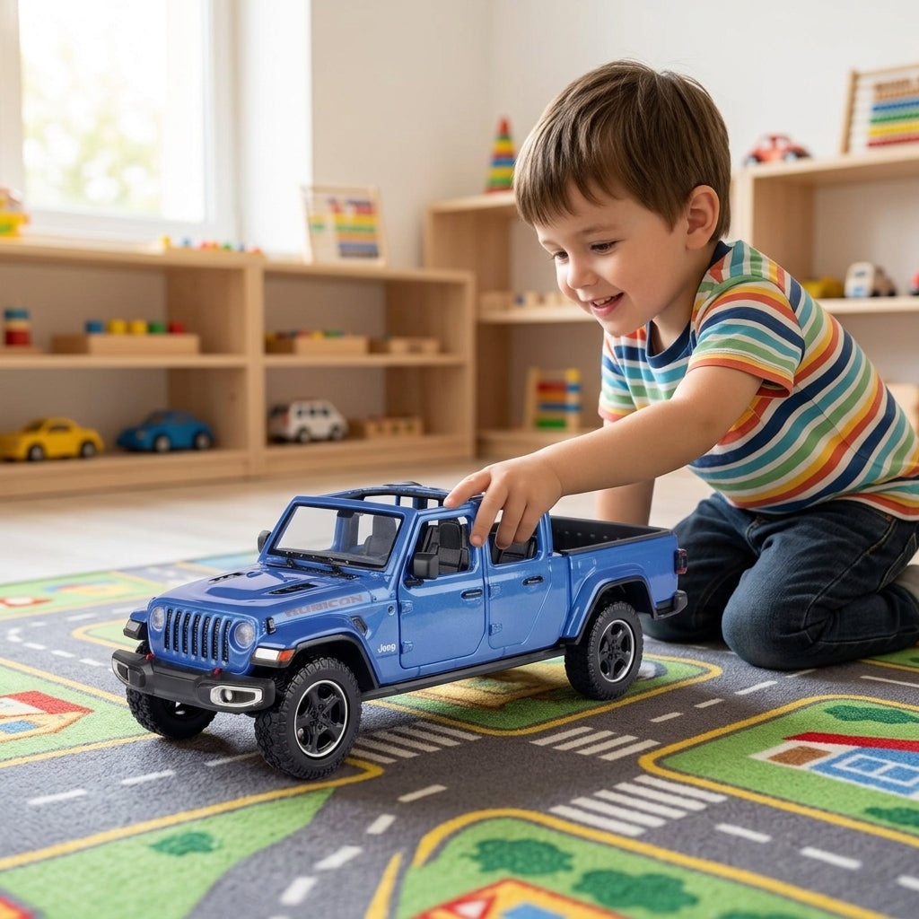 Metalni autić Jeep Gladiator Rubicon na tepihu sa saobraćajnim stazama u dečjoj sobi vrtića