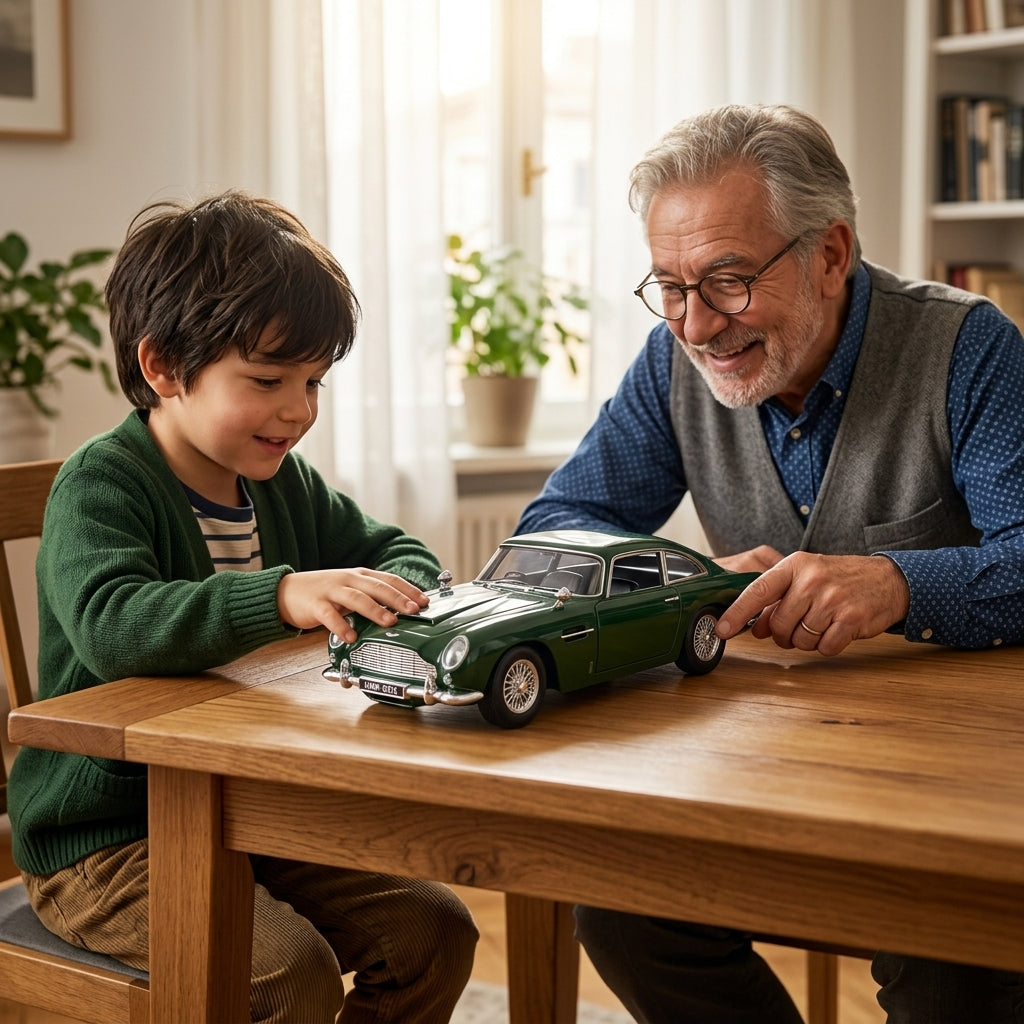 Metalni autić Aston Martin DB5 1:24 na trpezarijskom stolu dok se deda i unuk igraju