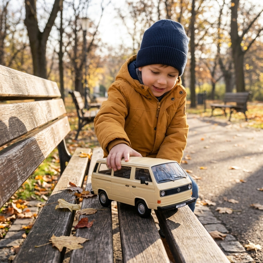 Metalni autić Volkswagen Type 2 T3 kombi 1:24 na drvenoj klupi u jesenjem parku