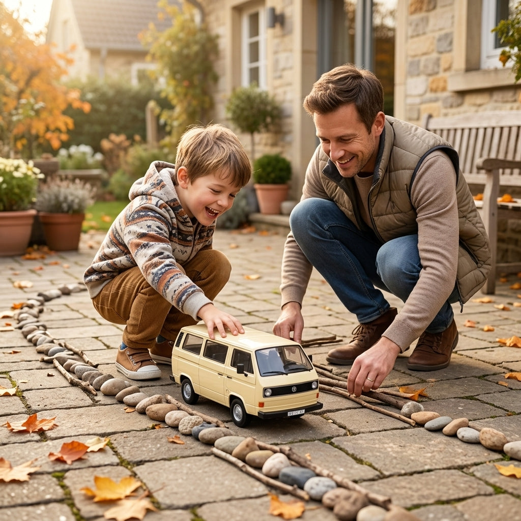 Metalni autić Volkswagen Type 2 T3 kombi 1:24 u igri tate i dečaka u dvorištu