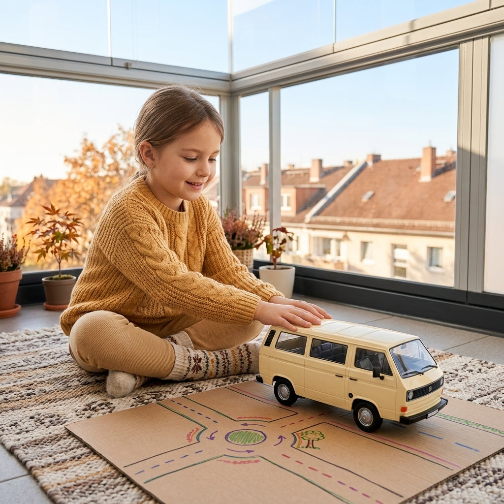 Metalni autić Volkswagen Type 2 T3 kombi 1:24 na kartonskoj stazi na terasi stana