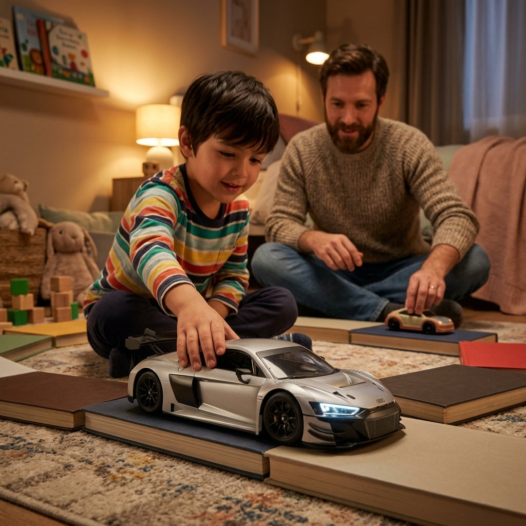 Metalni autić Audi R8 LMS GT3 1:24 dok se dečak i otac igraju na tepihu u sobi