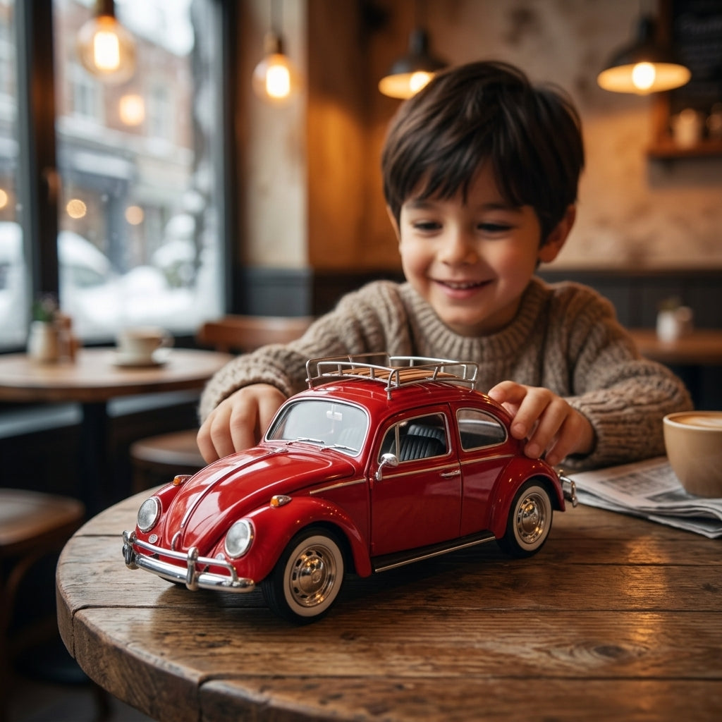 Metalni autić Volkswagen Buba crvena sa krovnim nosačem 1966 1:24 na drvenom stolu u kafiću