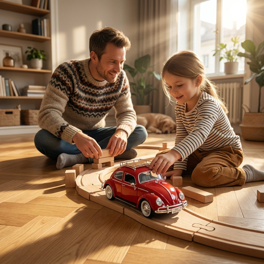 Metalni autić Volkswagen Buba crvena sa krovnim nosačem 1966 1:24 na podu sobe tokom igre oca i devojčice