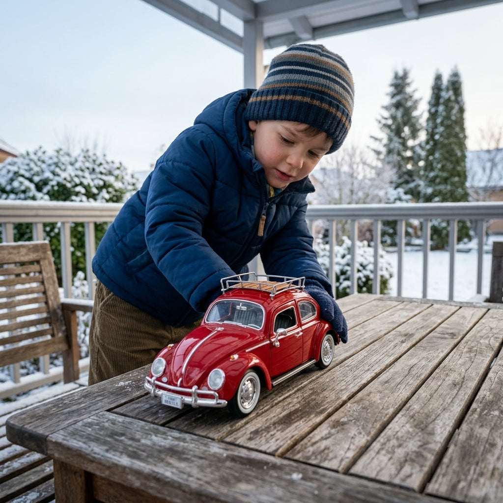 Metalni autić Volkswagen Buba crvena sa krovnim nosačem 1966 1:24 u igri na stolu u dvorištu zimi