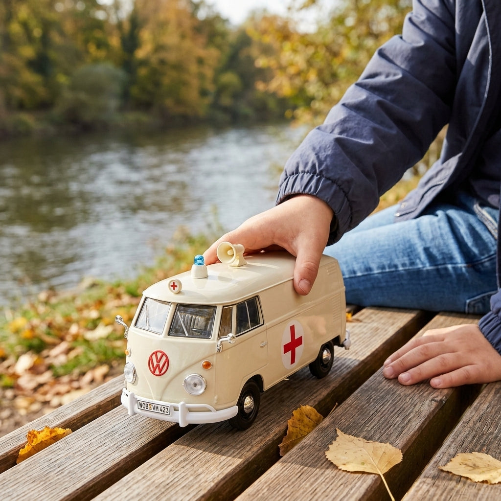 Metalni autić Volkswagen kombi hitna pomoć 1:24 na drvenoj piknik klupi pored reke