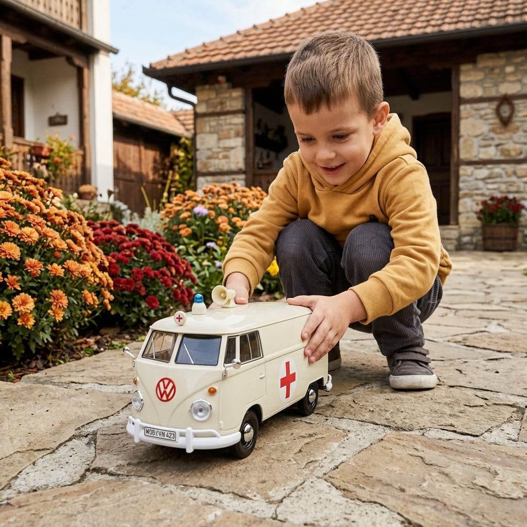 Metalni autić Volkswagen kombi hitna pomoć 1:24 na kamenoj stazi u dvorištu porodične kuće