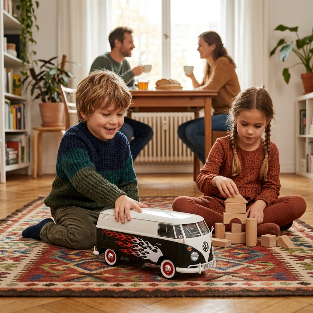 Metalni autić Volkswagen kombi sa plamenom 1:24 na tepihu tokom dečje igre kod prijatelja