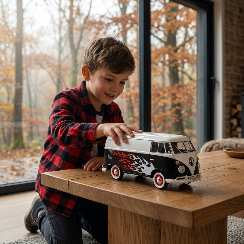 Metalni autić Volkswagen kombi sa plamenom 1:24 na drvenom stolu u vikendici