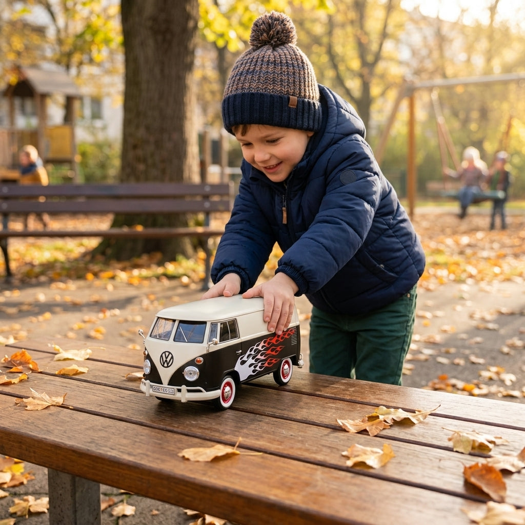 Metalni autić Volkswagen kombi sa plamenom 1:24 na stolu u parku tokom jeseni