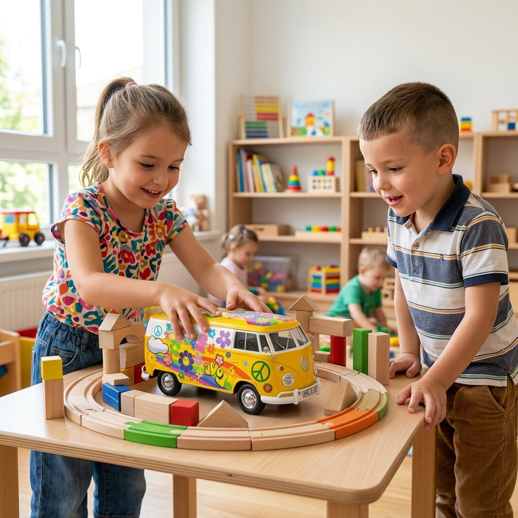 Metalni autić Volkswagen hipi kombi Flower Power 1:24 na niskom stolu u vrtiću među decom