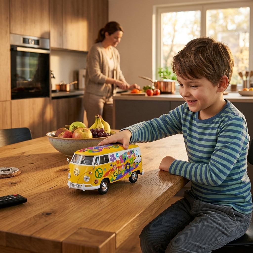 Metalni autić Volkswagen hipi kombi Flower Power 1:24 na trpezarijskom stolu u toploj porodičnoj kuhinji