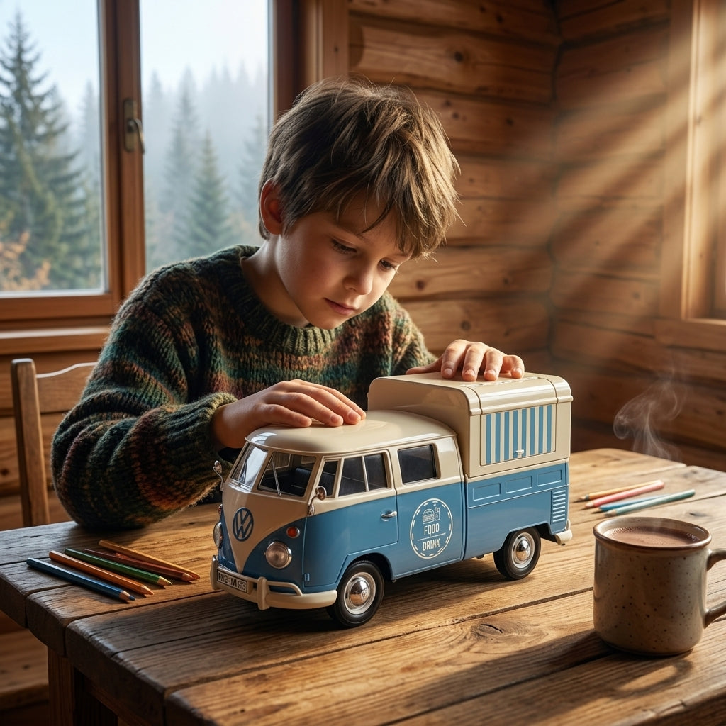 Metalni autić Volkswagen kombi sa hranom 1:24 na drvenom stolu u toploj vikendici