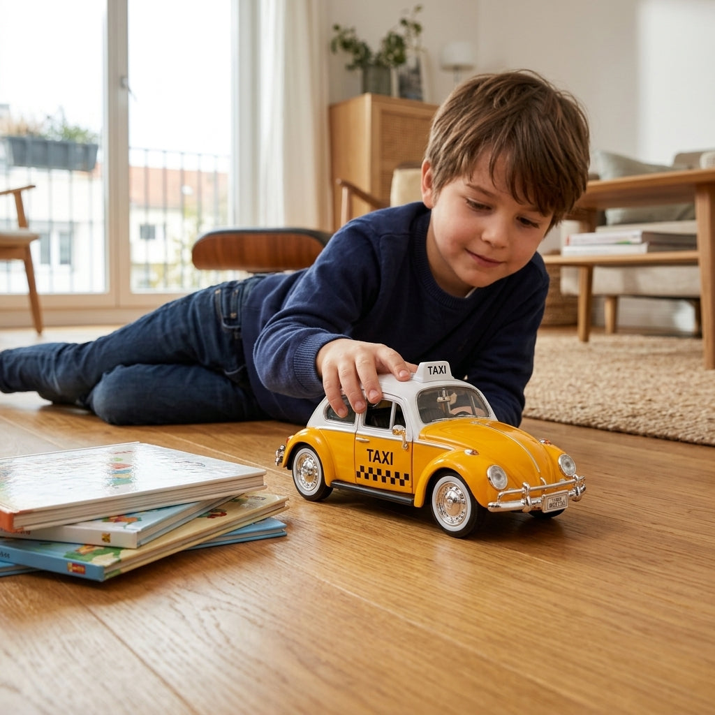 Metalni autić Volkswagen Buba taksi 1966 1:24 na podu sobe tokom dečje igre