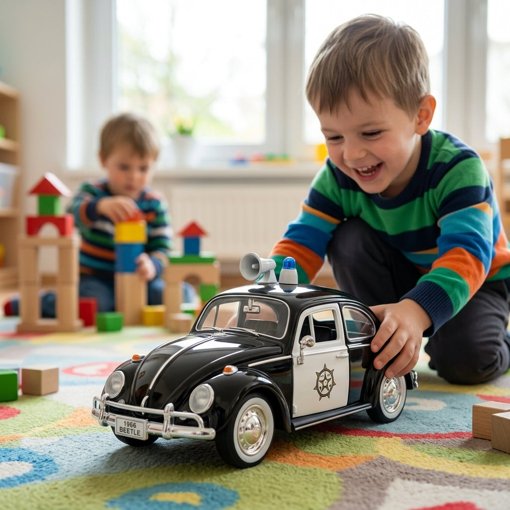 Metalni autić Volkswagen Buba policija 1:24 na tepihu u vrtiću među drvenim kockama