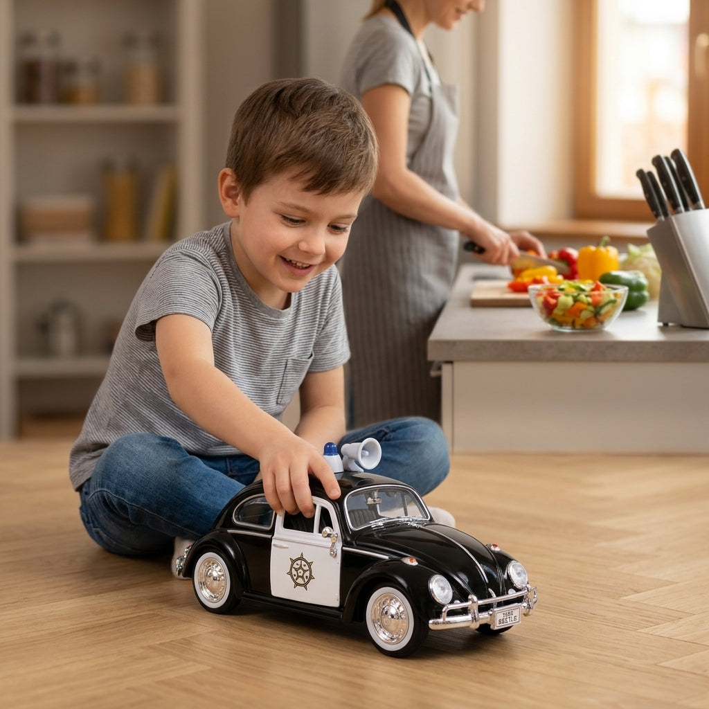 Metalni autić Volkswagen Buba policija 1:24 na kuhinjskom podu dok se dete igra