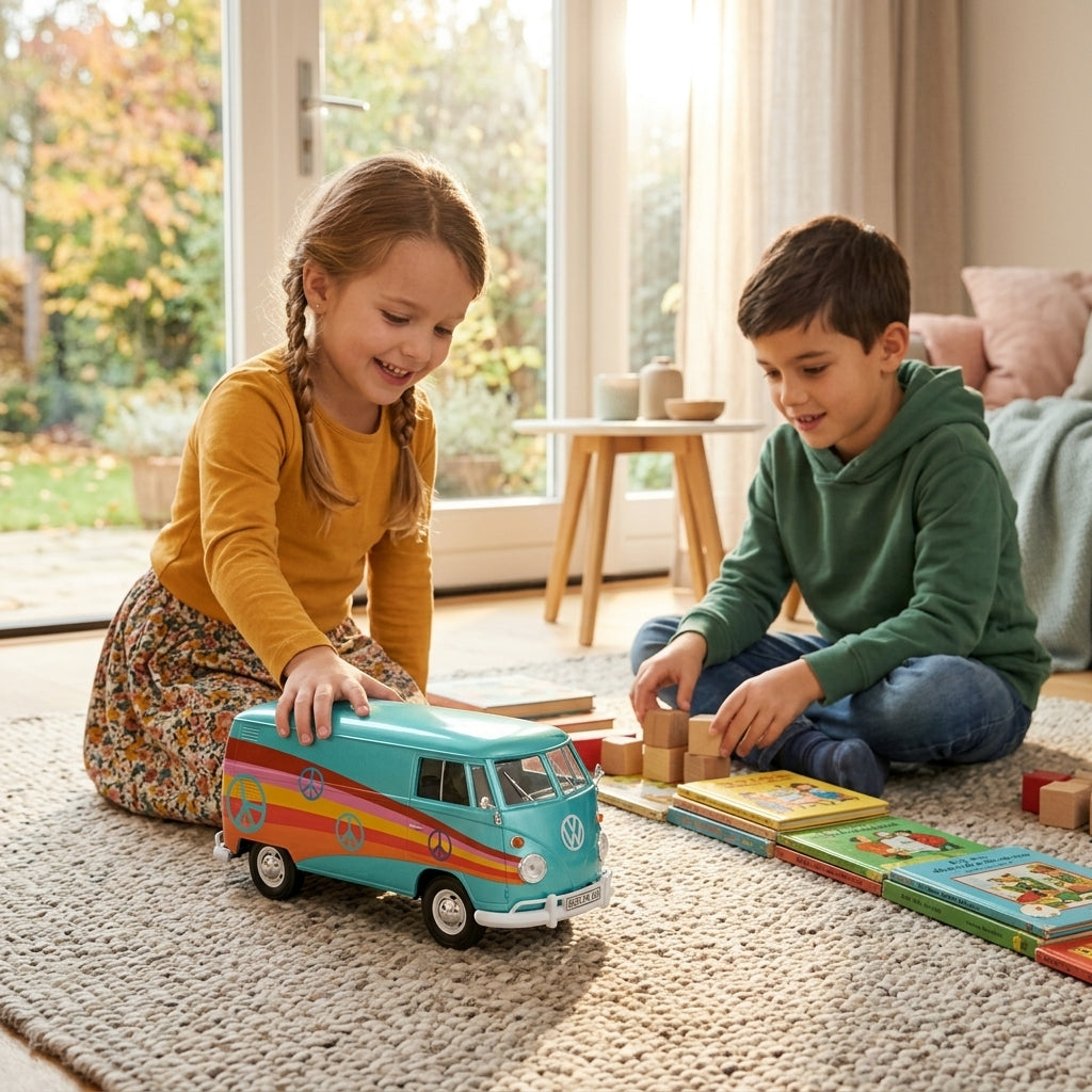 Metalni autić Volkswagen kombi dugine boje 1:24 na tepihu u dnevnoj sobi tokom igre dvoje dece