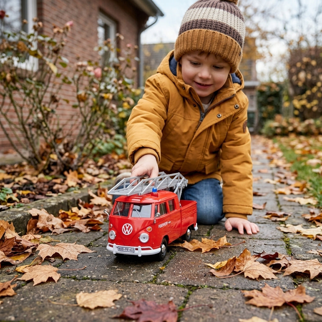 Metalni autić Volkswagen vatrogasni kombi sa merdevinama 1:24 na kamenoj stazi u dvorištu u kasnu jesen
