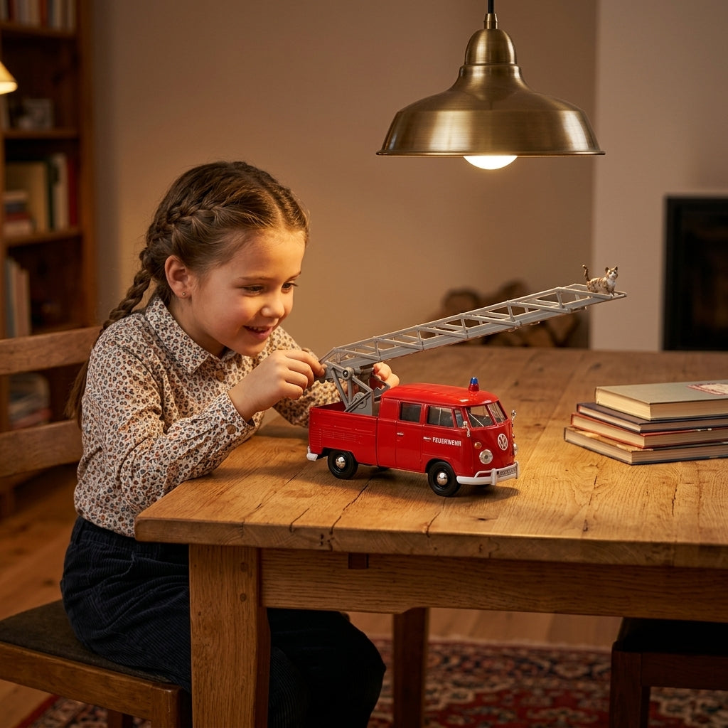Metalni autić Volkswagen vatrogasni kombi sa merdevinama 1:24 na stolu sa podignutim merdevinama