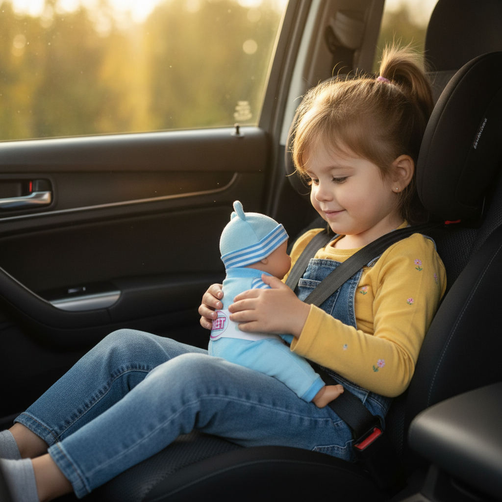 Lutka miks modeli u krilu deteta u auto-sedištu