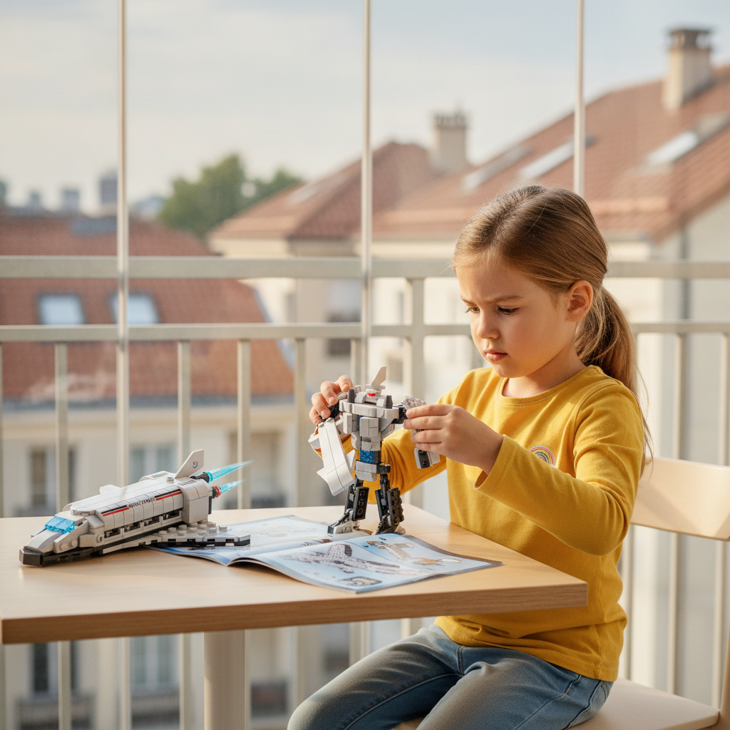 Kocke svemir 2 u 1 veliki devojčica sklapa robota na terasi stana