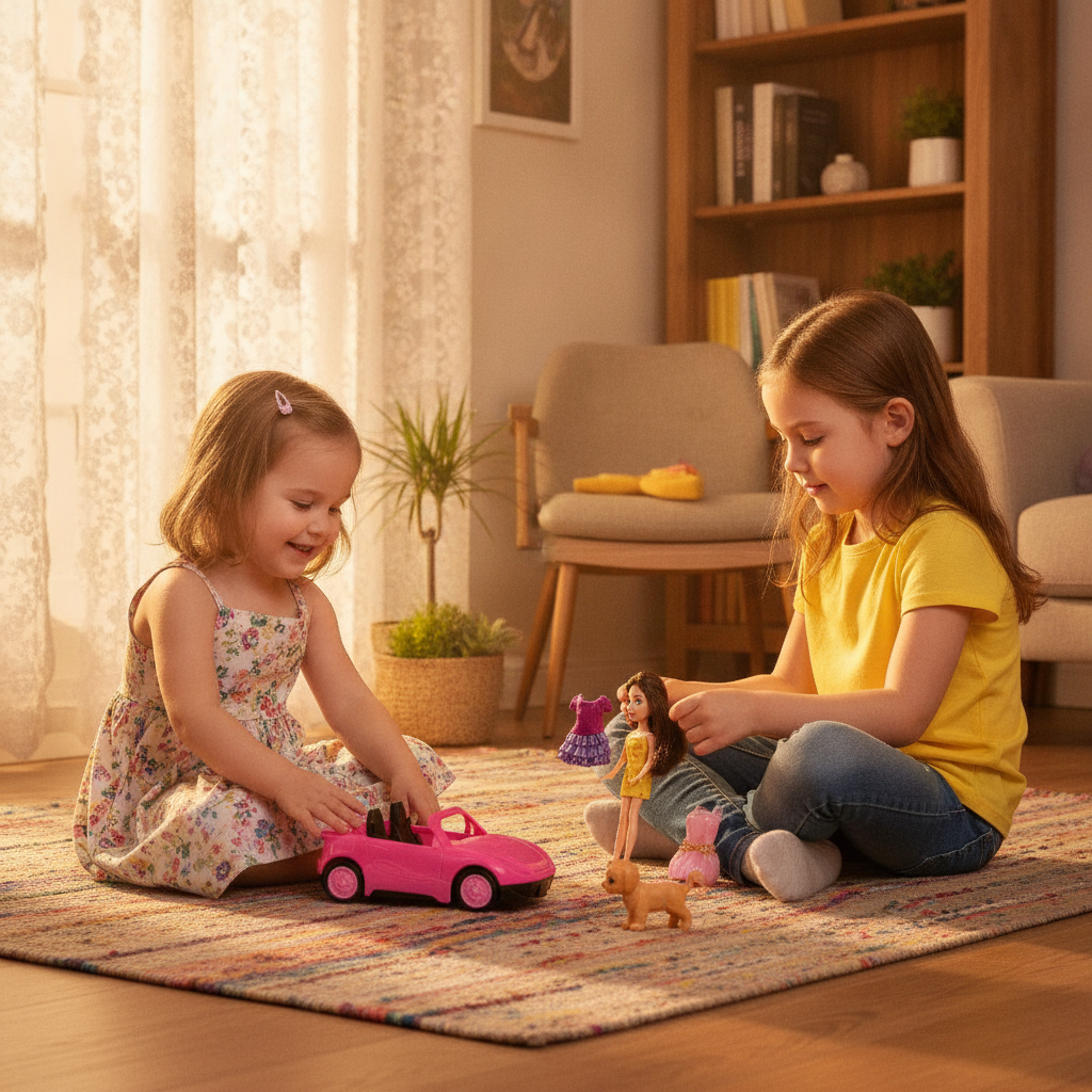 Lutka i vozilo na tepihu u dnevnoj sobi dok se devojčice igraju sa minijaturnim automobilom i haljinicama