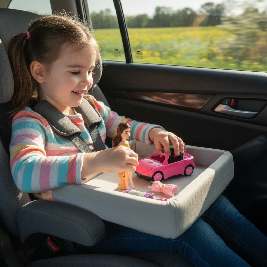 Lutka i vozilo u rukama devojčice u automobilu tokom putovanja