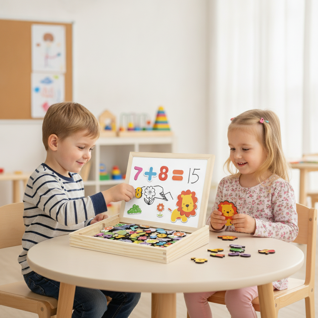 Matematički set na dečjem stolu u vrtiću gde deca vežbaju sabiranje