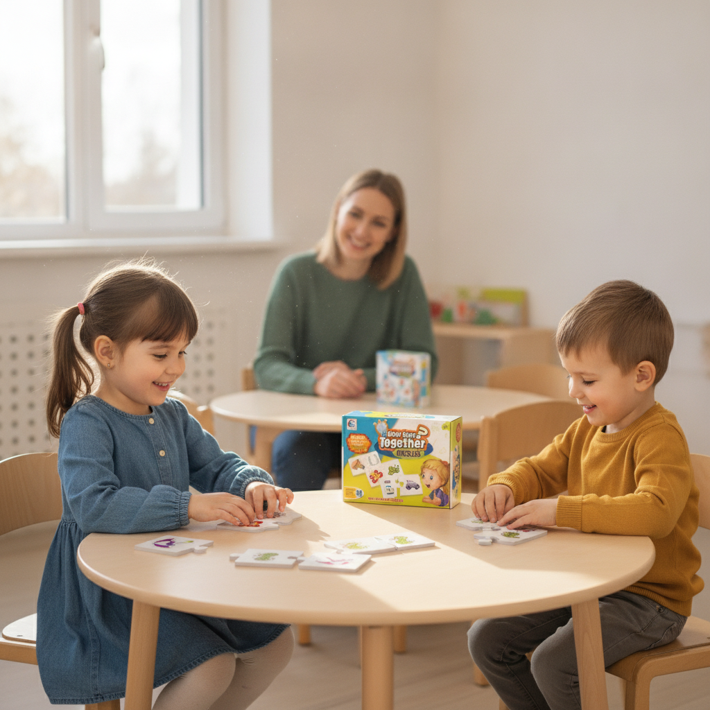 Logičke puzle - dvoje dece u vrtiću zajedno slažu edukativne puzzle za stolom