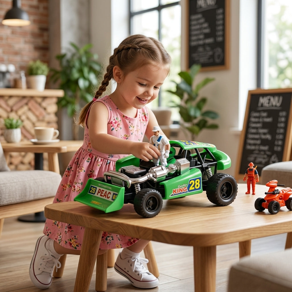 Karting set za decu - devojčica se igra zelenim kartingom u dečijem kutku