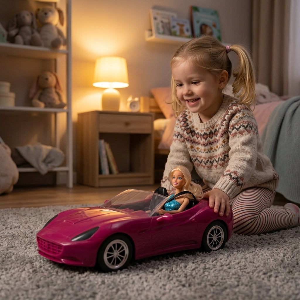 Lutka Defa auto na tepihu u dečijoj sobi dok se devojčica igra