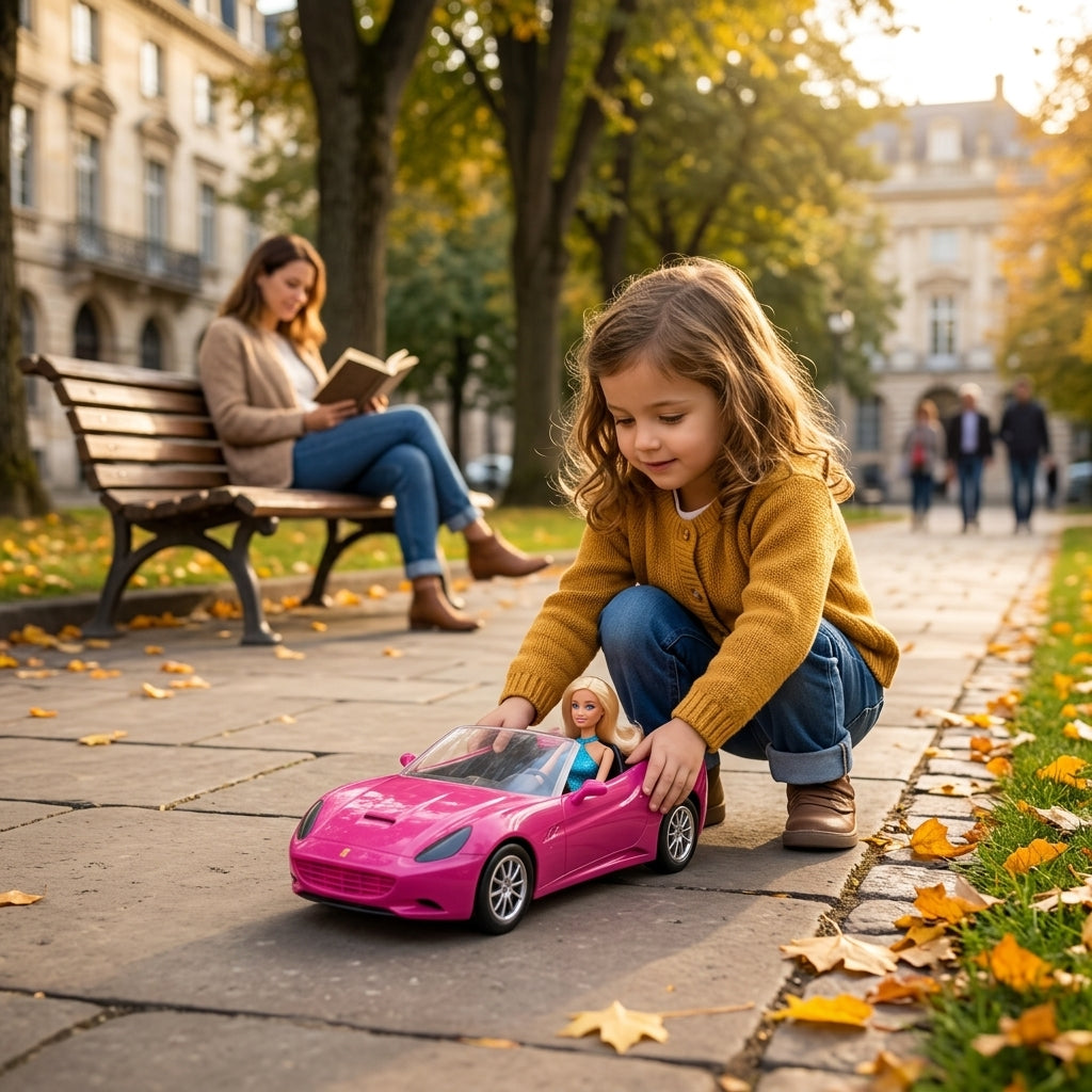 Lutka Defa auto na popločanoj stazi u parku tokom jesenje igre