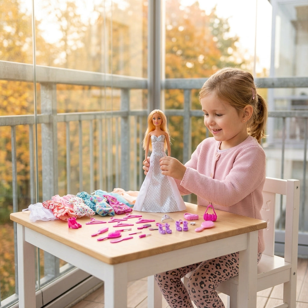 Lutka Defa sa haljinom u rukama devojčice na sunčanoj terasi